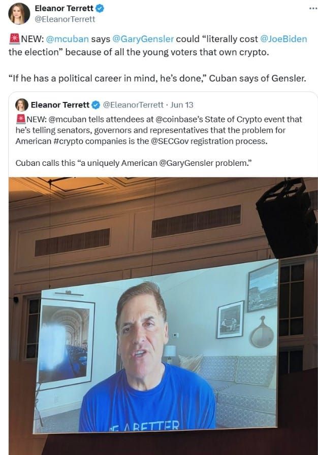 "Gary Gensler จะทำให้ Joe Biden แพ้เลือกตั้งสมัยหน้า เพราะคนรุ่นใหม่ทุกคนเป็นเจ้าของ Crypto"- Mark Cuban กล่าว