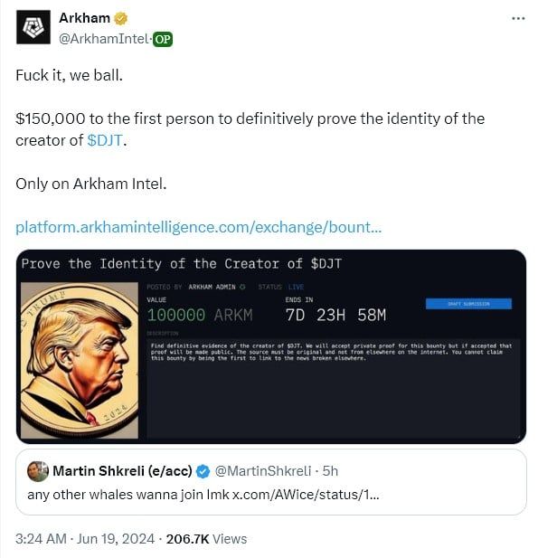 ชี้ช่องรวย!! Arkham เสนอเงินรางวัล 5.5 ล้านบาท เพื่อหาว่าใครสร้างโทเค็น DJT