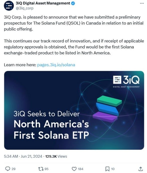 3iQ ยื่นเอกสารขอเปิดตัว "Solana ETF" ครั้งแรกในแคนาดา