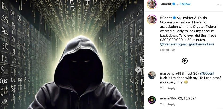 50 Cent แร็ปเปอร์ชื่อดัง เตือนบัญชี X โดนแฮ็ก หลังมีการโปรโมต Scam Memecoin