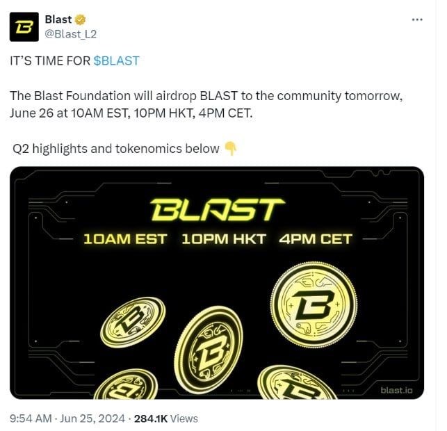 Blast เตรียมแจก Airdrop วันที่ 26 มิถุนายน เวลา 21.00 น. ให้กับผู้ใช้ในช่วงแรก