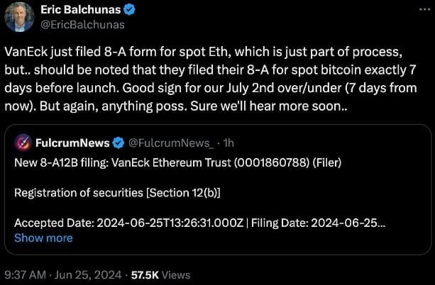 VanEck ยื่นแบบฟอร์ม 8-A สำหรับ Spot Ether ETF  คาดเปิดตัวเร็วสุดวันที่ 2 กรกฎาคม?