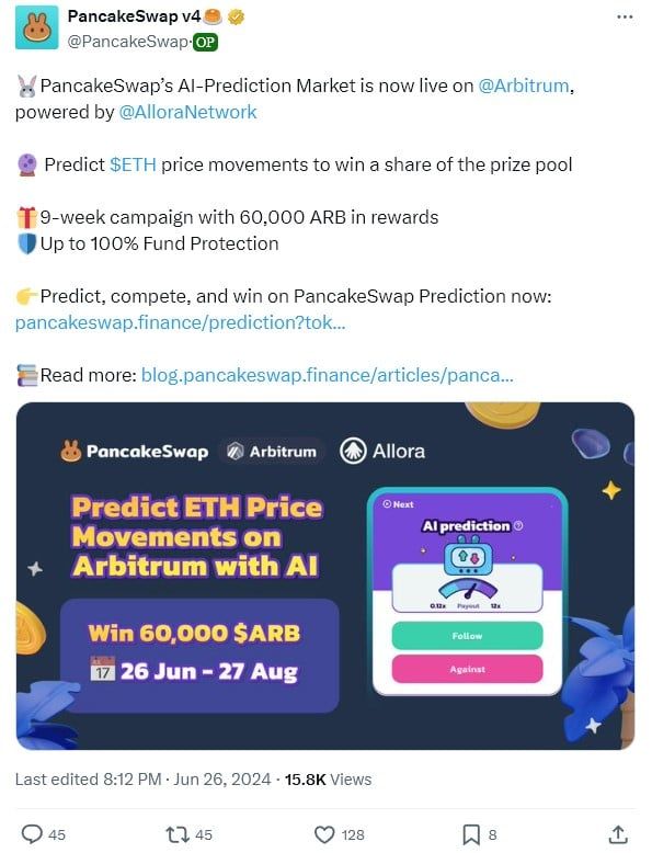 PancakeSwap เปิดตัวตลาดการทำนายที่ขับเคลื่อนด้วย AI บน Arbitrum