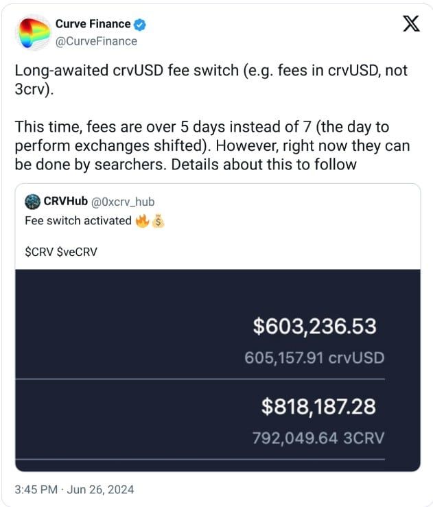 Curve Finance เปลี่ยนกลไกการจ่ายค่าธรรมเนียมจากเดิม 3crv มาใช้ crvUSD แทน