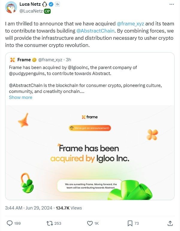Igloo Inc บริษัทแม่ Pudgy Penguins เข้าซื้อกิจการ Frame เพื่อพัฒนา Abstract Chain เครือข่ายเลเยอร์ 2