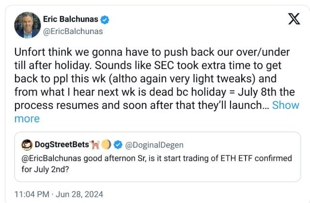 การเปิดตัว Spot Ethereum ETF ถูกเลื่อนออกไปเป็น กลาง - ปลายเดือนกรกฎาคม