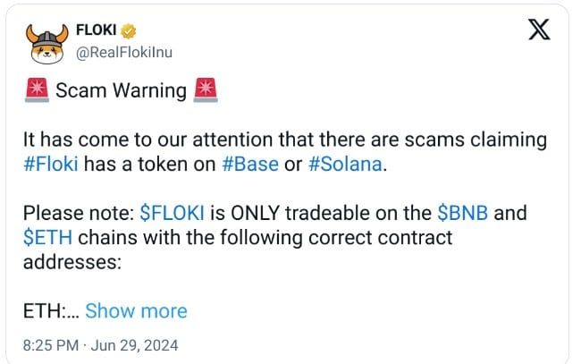 Floki Inu เตือนระวังโทเค็นปลอมบนบล็อคเชน Solana และ Base