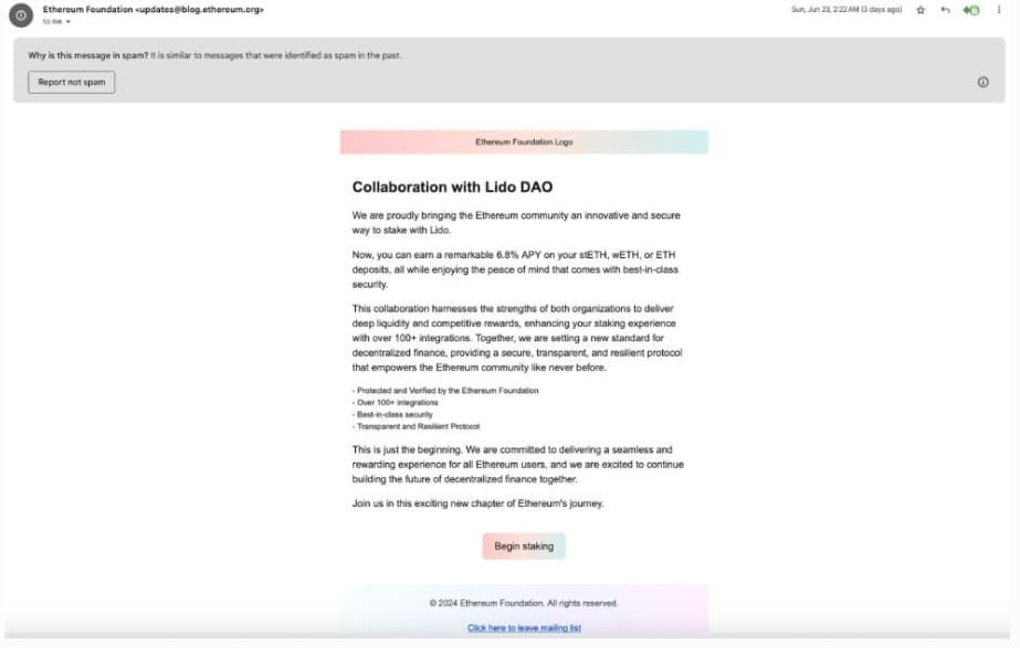 อีเมลของ Ethereum Foundation "ถูกแฮ็ก" และส่งอีเมลฟิชชิ่งของ Lido staking