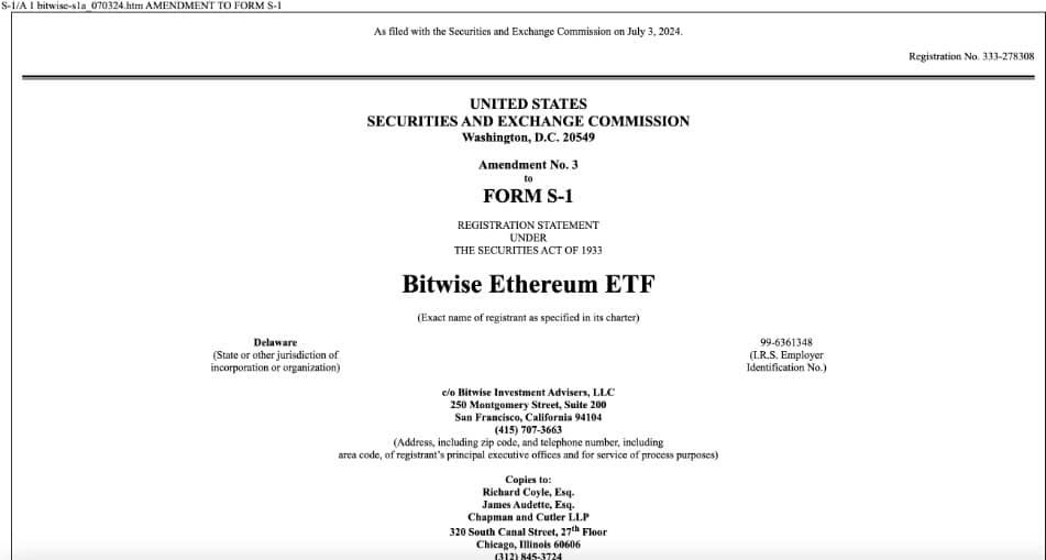 Bitwise ยื่นแก้ไขเอกสาร Spot Ether ETF กับ SEC ก่อนเส้นตายวันที่ 8 กรกฎาคม