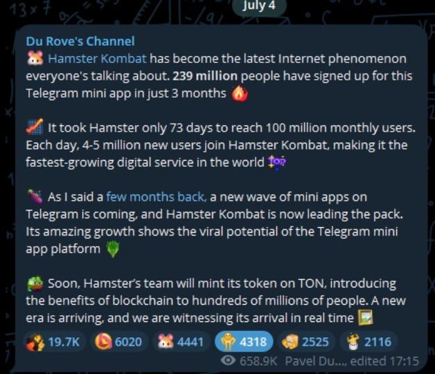 Hamster Kombat มีผู้ใช้งานถึง "239 ล้านคน" ใน 81 วัน — Durov ผู้ก่อตั้ง Telegram เผย