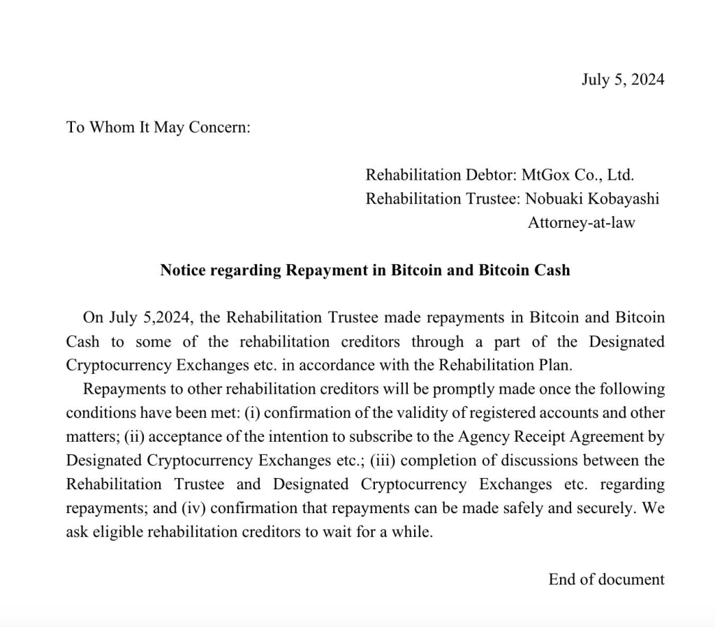 Mt. Gox เริ่มชำระเงินคืนให้กับลูกค้าเป็น Bitcoin และ Bitcoin Cash แล้ว