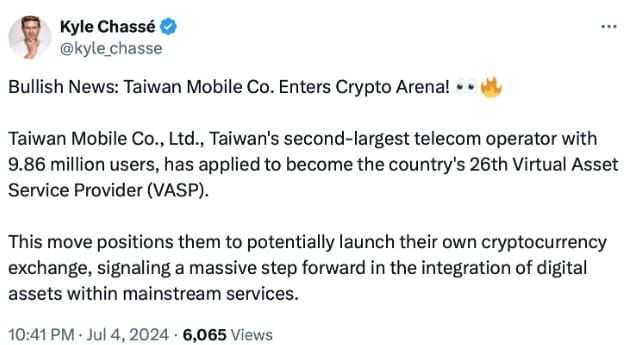 Taiwan Mobile ได้รับใบอนุญาตผู้ให้บริการสินทรัพย์เสมือน (VASP) เตรียมเปิดเว็บเทรดคริปโต