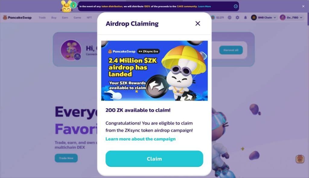 PancakeSwap แจก Airdrop โทเค็น zkSync (ZK) เพื่อเป็นการตอบแทนการสนับสนุนของชุมชน