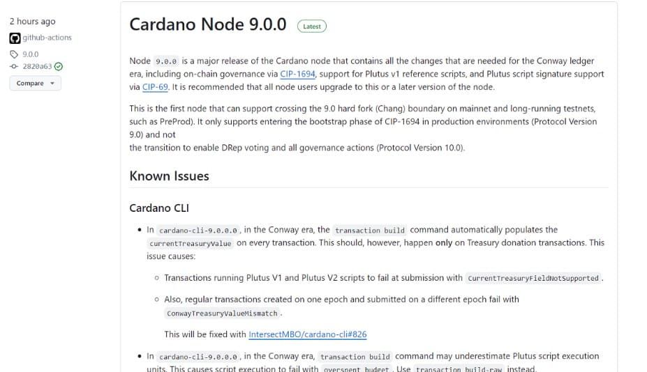Cardano เปิดตัว 'Node 9.0' ปูทาง Chang Hard Fork ที่กำลังจะเกิดขึ้น