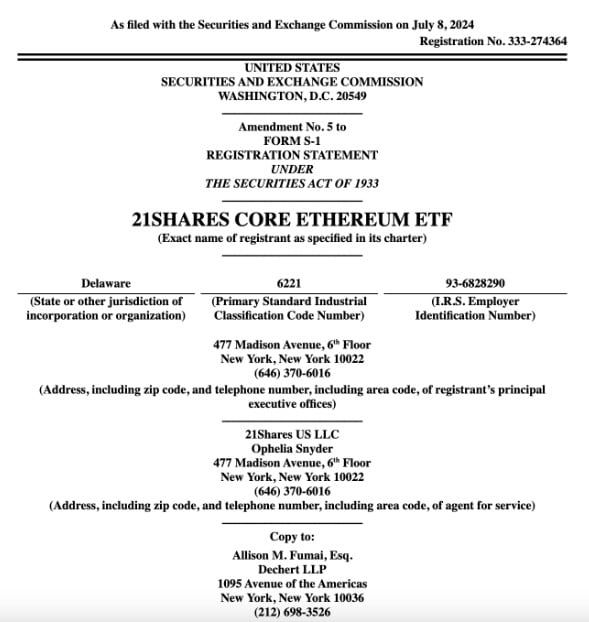 VanEck และ 21Shares ส่งเอกสารแก้ไข Spot Ether ETF กับ SEC เชื่ออนุมัติเร็วสุดภายในเดือนกรกฎาคม