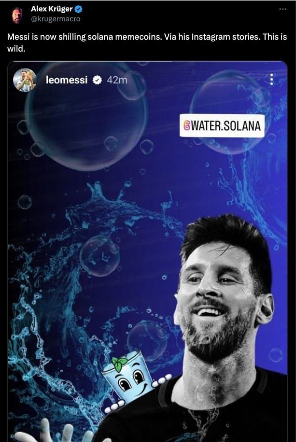 ลิโอเนล เมสซี่ โปรโมต "เหรียญมีม" WaterCoin (WATER) บน Solana ใน Instagram