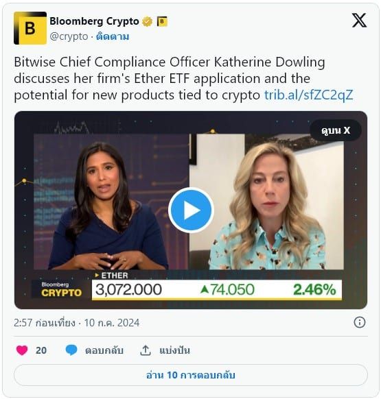 Spot Ethereum ETF 'ใกล้ถึงเส้นชัยแล้ว' — Bitwise CCO กล่าว