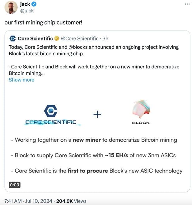 Block ของ Jack Dorsey จะจัดหาชิปของ ASIC ขนาด 3 นาโนเมตรให้กับ Core Scientific