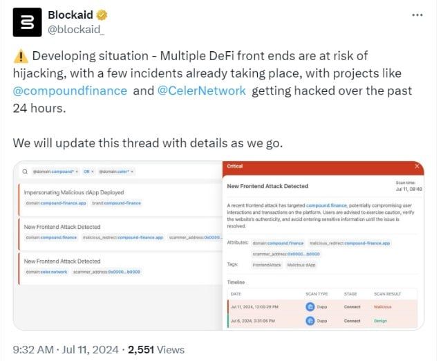 แอป DeFi จำนวนมาก ตกเป็นเป้าการโจมตี DNS ของ Squarespace : Blockaid รายงาน