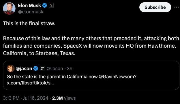 อีลอน มัสก์ เตรียมย้ายสำนักงานใหญ่ของ X และ SpaceX ไปที่เท็กซัส