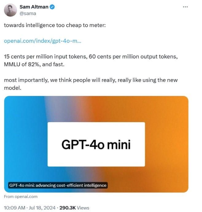 OpenAI เปิดตัว 'GPT-4o mini' รุ่นใหม่ที่มีประสิทธิภาพสูงและมีราคาถูกลงถึงสิบเท่า