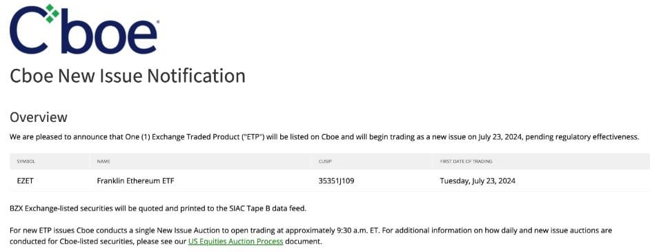 CBOE ประกาศวันเปิดตัว Spot Ethereum ETF อย่างเป็นทางการแล้ว
