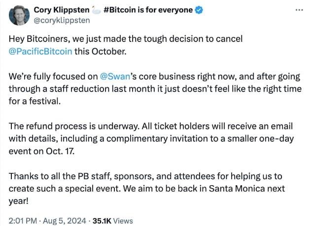 Swan Bitcoin ประกาศยกเลิกจัดงาน Pacific Bitcoin Festival ท่ามกลางการลดพนักงานและปิดเหมืองขุด
