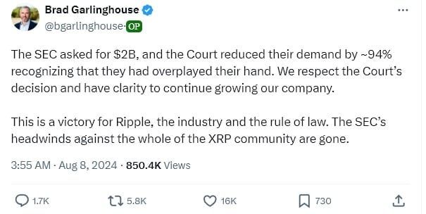 ศาลตัดสินให้ Ripple Labs จ่ายค่าปรับเพียง 4,448 ล้านบาท ลดลง 94% จากที่ SEC เรียกร้อง