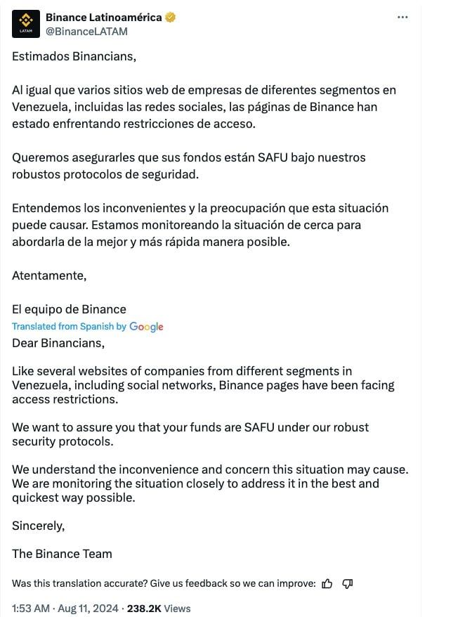 เวเนซุเอลา บล็อกเว็บ Binance และ X ท่ามกลางความขัดแย้งในการเลือกตั้งประธานาธิบดี
