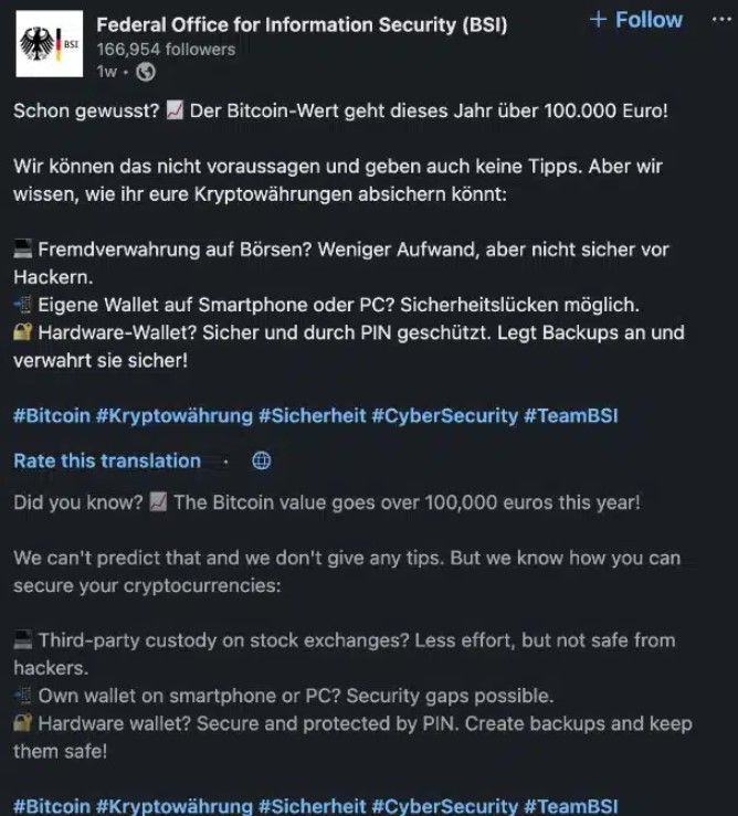 สำนักงานความปลอดภัยข้อมูลของเยอรมนี สนับสนุนให้ใช้ Hardware Wallet ในการจัดเก็บ Private key