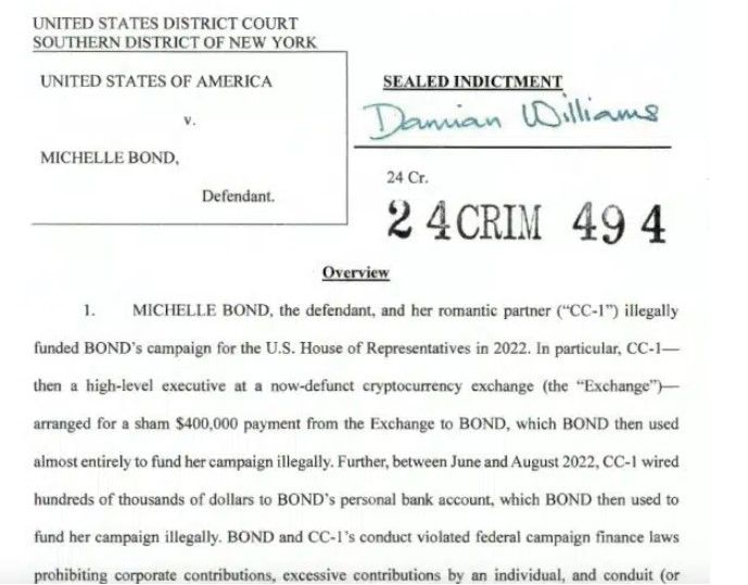 Michelle Bond หุ้นส่วนของอดีตผู้บริหาร FTX ถูกสหรัฐฯ ฟ้องละเมิดกฎหมายการเงินการหาเสียง