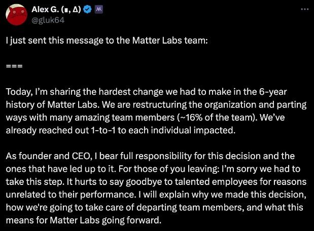 Matter Labs ผู้สร้าง ZKsync ประกาศปรับโครงสร้าง ปลดพนักงาน 16%