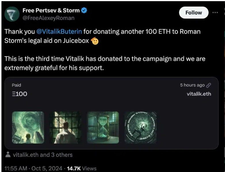 นักพัฒนา Tornado Cash ซาบซึ้ง หลัง Vitalik บริจาคเงิน 100 ETH ช่วยสู้คดี