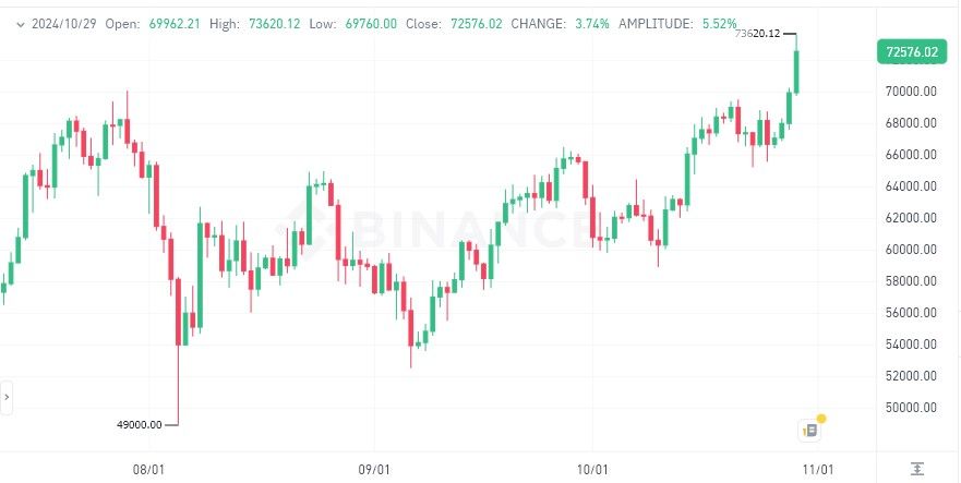 Bitcoin พุ่งทะยาน 73,600 ดอลลาร์ แสดงสัญญาณตลาดกระทิงที่แข็งแกร่ง