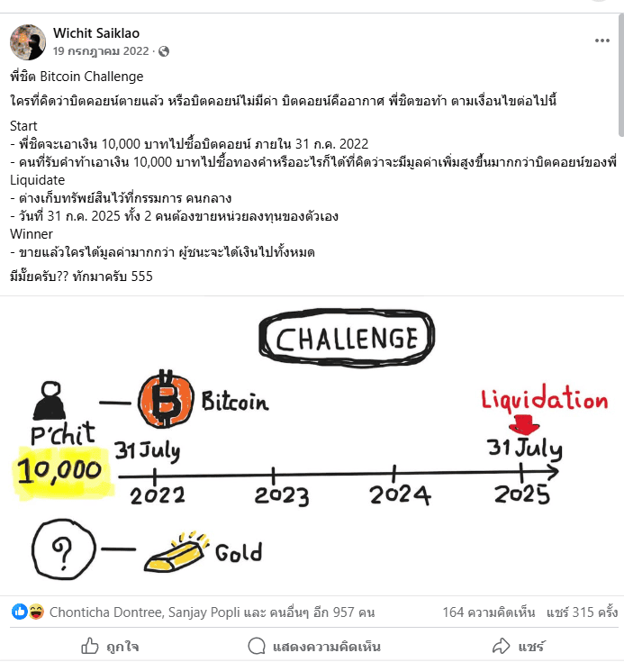 ใกล้ถึงวันชี้ชะตา “Bitcoin Challenge” ศึกเดิมพัน 3 ปีด้วยเงินจริง ของ "พี่ชิต" ใครจะชนะ?