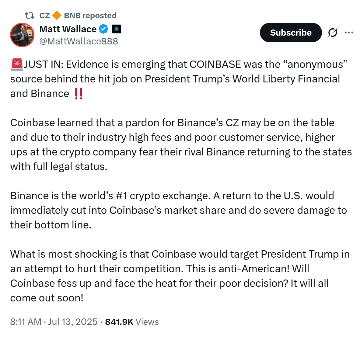 CZ รีโพสต์เดือด! ลือ Coinbase อยู่เบื้องหลังปั่นข่าวโจมตี ทรัมป์ – Binance