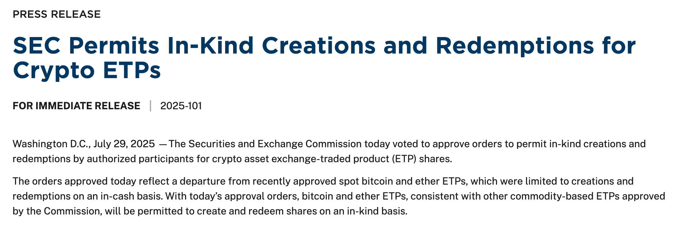 ของจริงมาแล้ว! SECอนุมัติ “In-Kind Redemption” ให้ ETF คริปโต รับคืนเป็น Bitcoin/Ether โดยไม่ต้องแปลงเงินสด