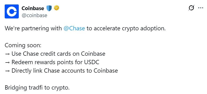 JPMorgan จับมือ Coinbase! เปิดให้ใช้คะแนนบัตรเครดิตแลก USDC และซื้อคริปโตได้เร็ว ๆ นี้