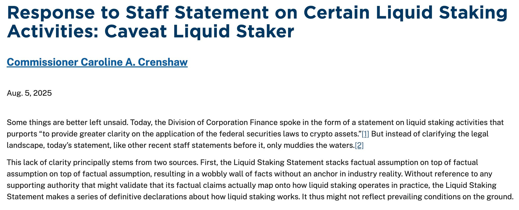 SEC แตกคอ! กรรมาธิการหญิงจวกแรงคำแถลง Liquid Staking – “ยิ่งพูดยิ่งงง”