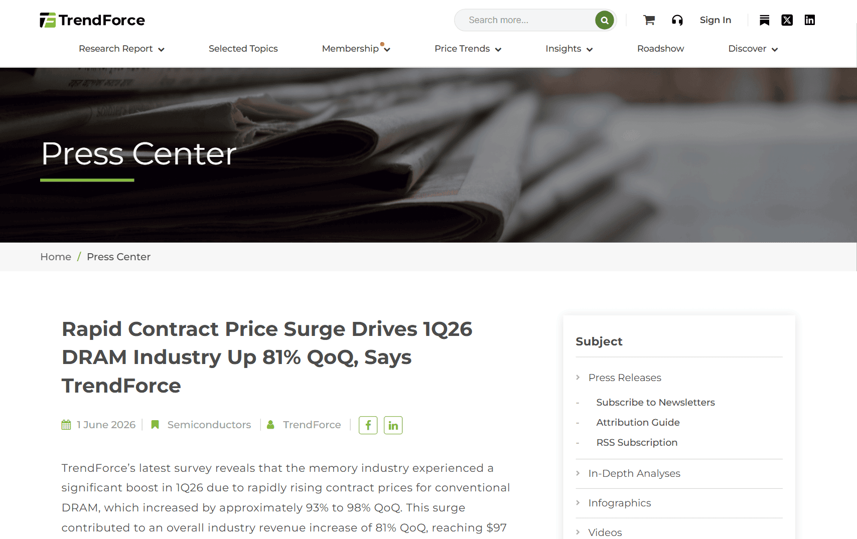หน้าข่าวประชาสัมพันธ์ TrendForce วันที่ 1 มิถุนายน 2569 หัวข้อ Rapid Contract Price Surge Drives 1Q26 DRAM Industry Up 81% QoQ ระบุราคาสัญญา DRAM ทั่วไปขึ้นราว 93% ถึง 98% จากไตรมาสก่อน
