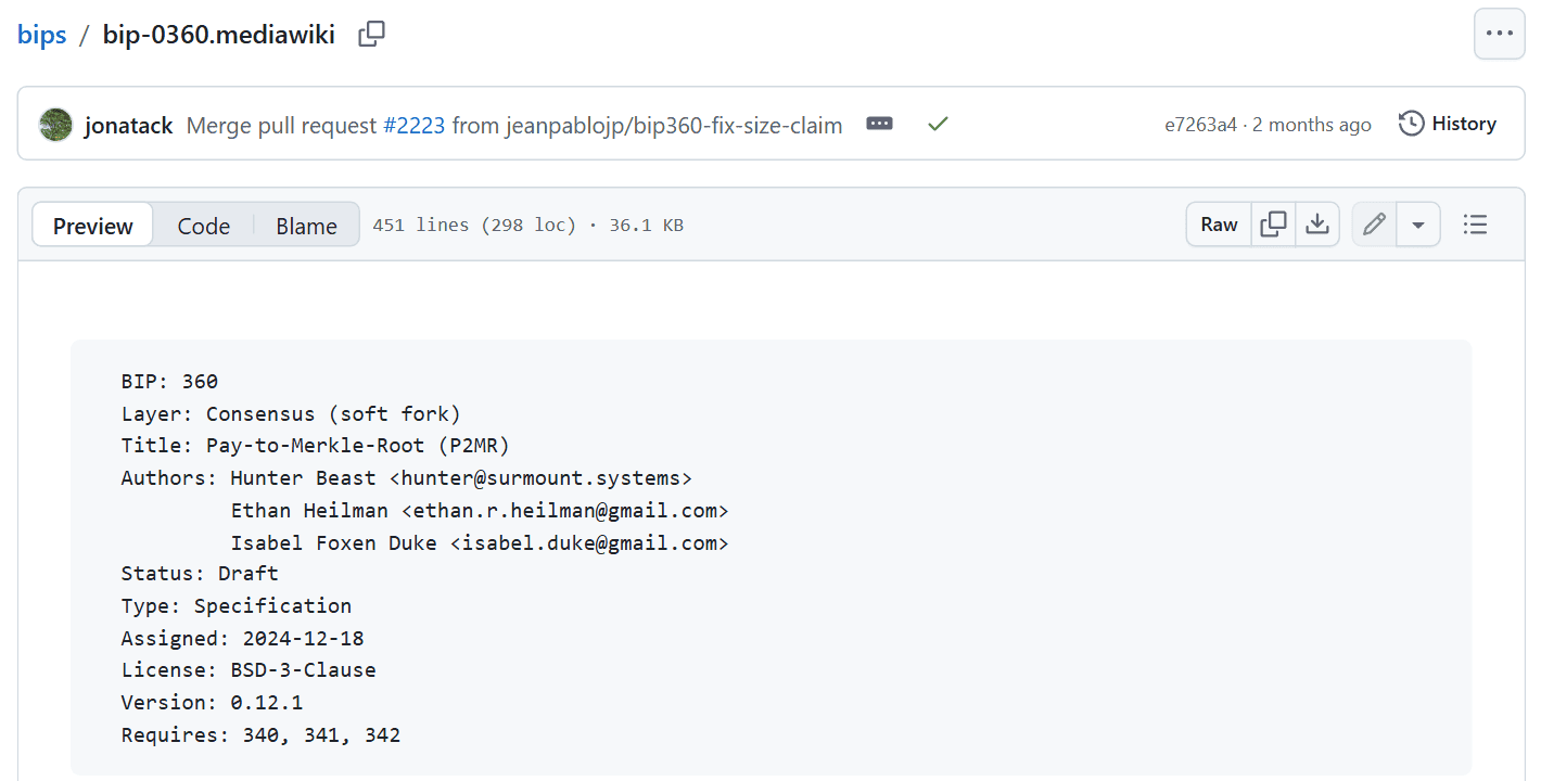 เอกสาร BIP-360 Pay-to-Merkle-Root บน GitHub ระบุสถานะ Draft