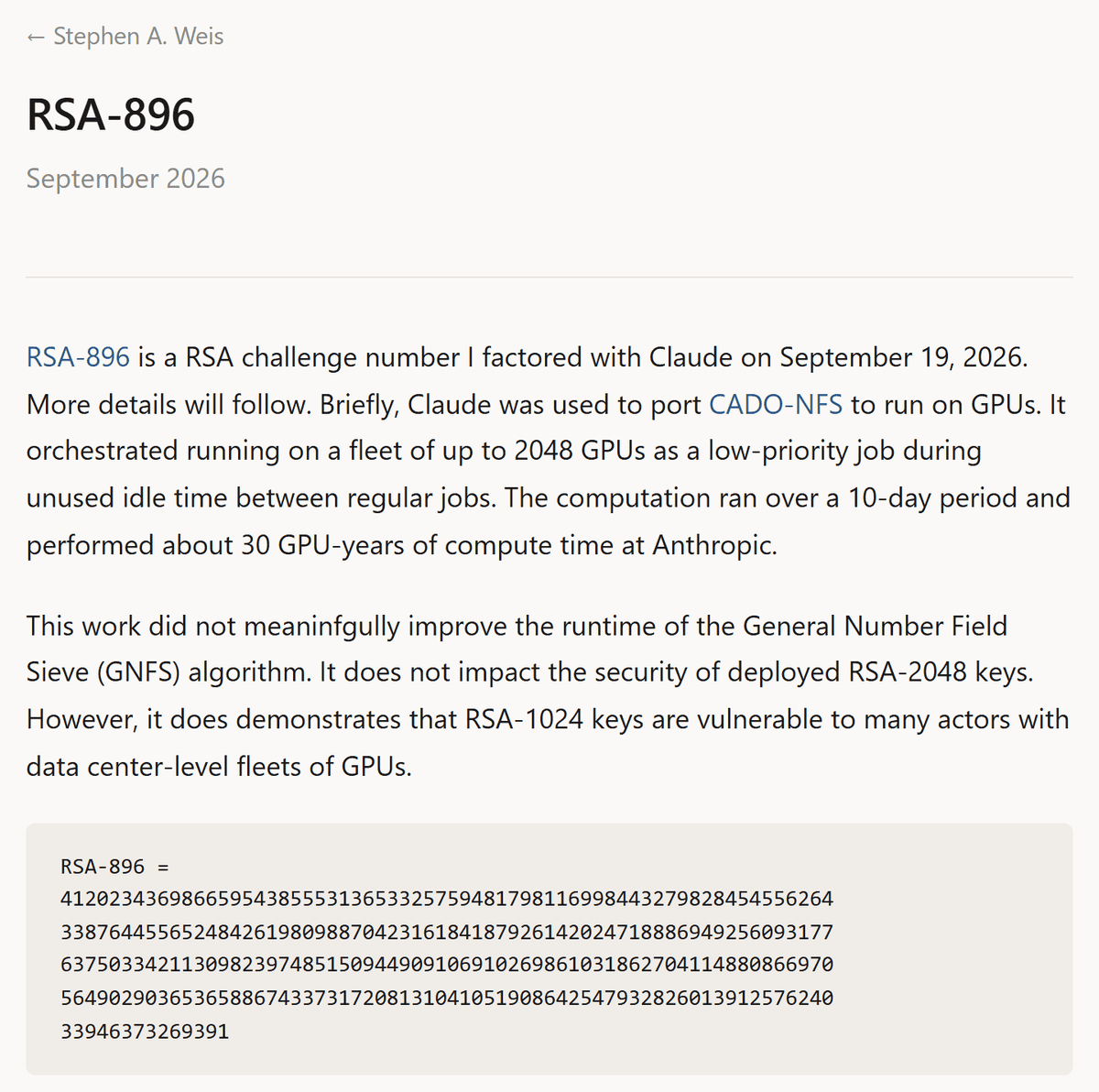 หน้าประกาศ RSA-896 ของ Stephen A. Weis ระบุว่าแยกตัวประกอบได้ด้วย Claude เมื่อ 19 กันยายน 2026
