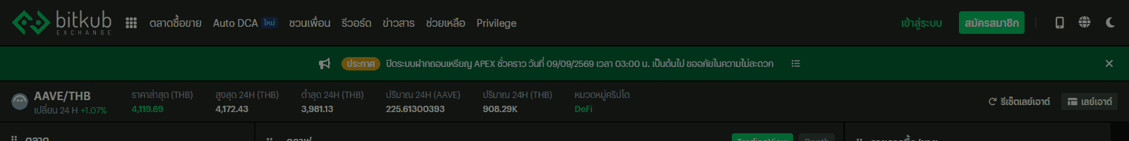 หน้าเทรด AAVE/THB จริงบน Bitkub เว็บเทรดคริปโตที่มีใบอนุญาตในไทย