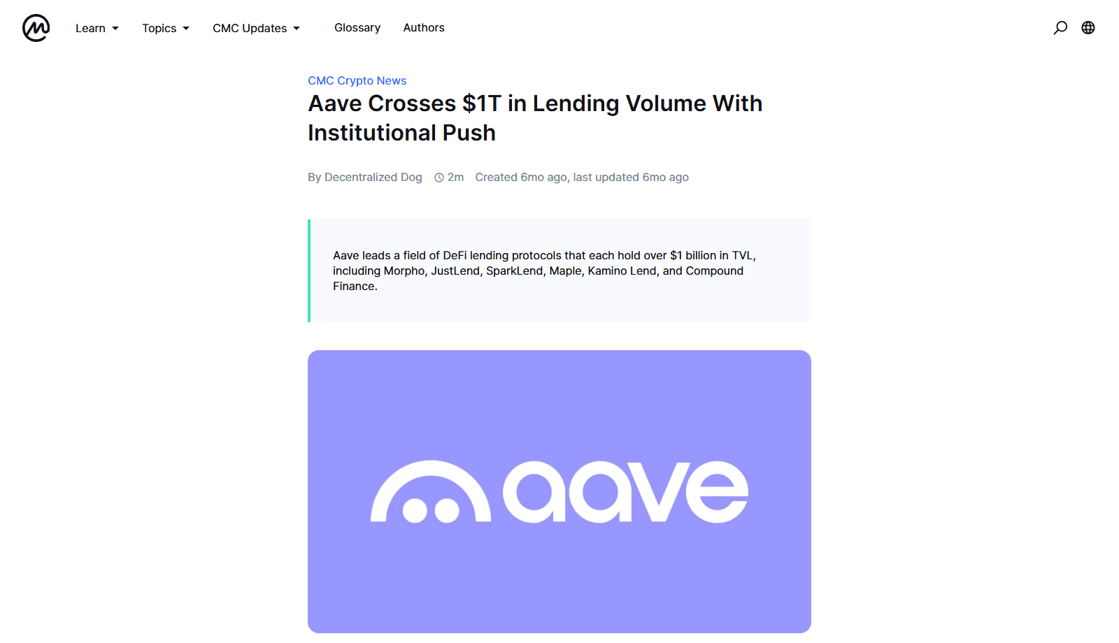 บทความ CoinMarketCap Academy Aave Crosses $1T in Lending Volume With Institutional Push