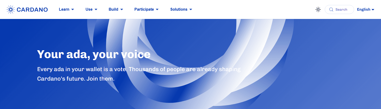 หน้าทางการ cardano.org ส่วน governance ยุค Voltaire (Your ada, your voice)
