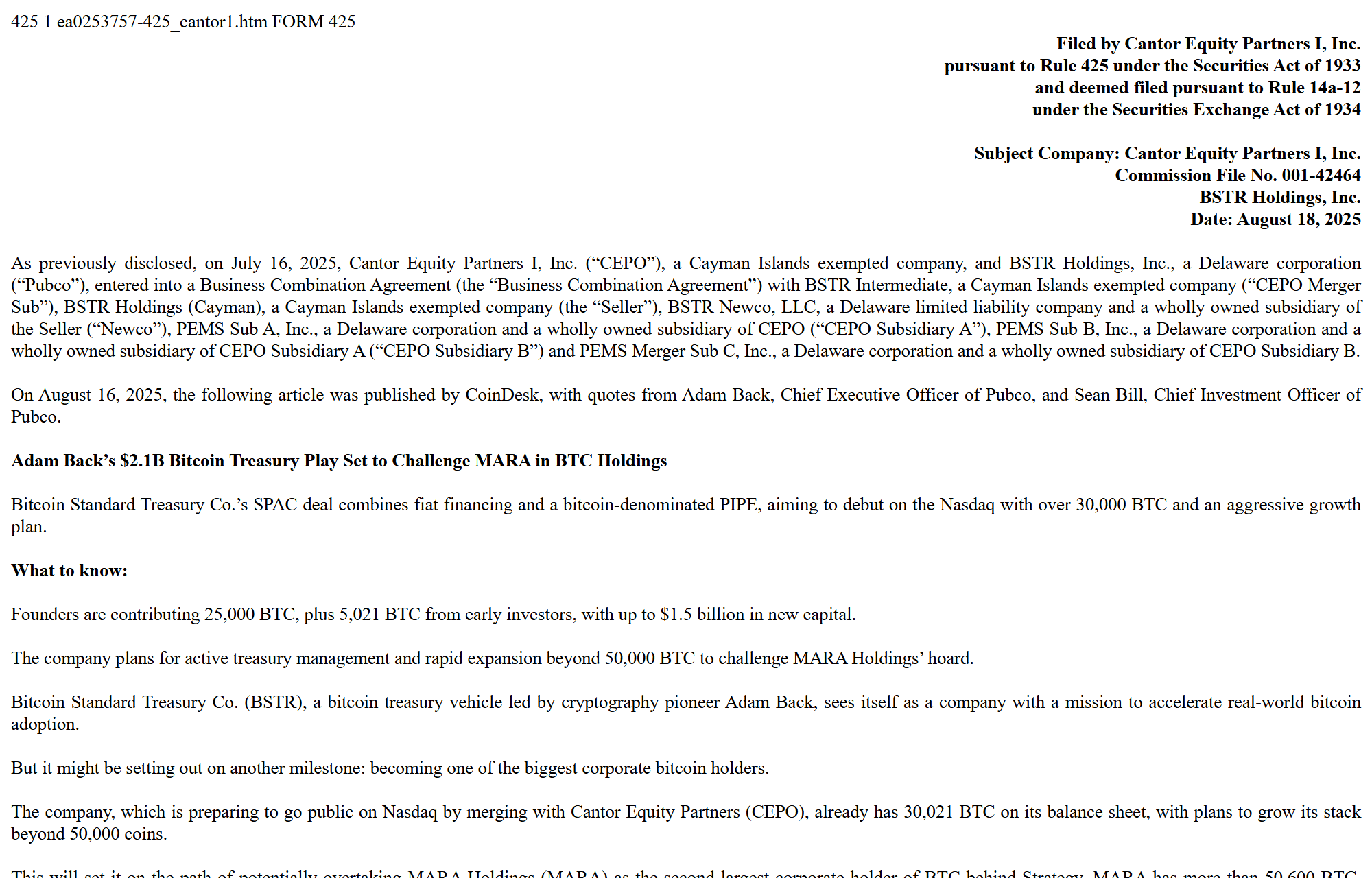 เอกสาร SEC แบบ 425 ของดีลควบรวม BSTR กับ Cantor Equity Partners I ปี 2025