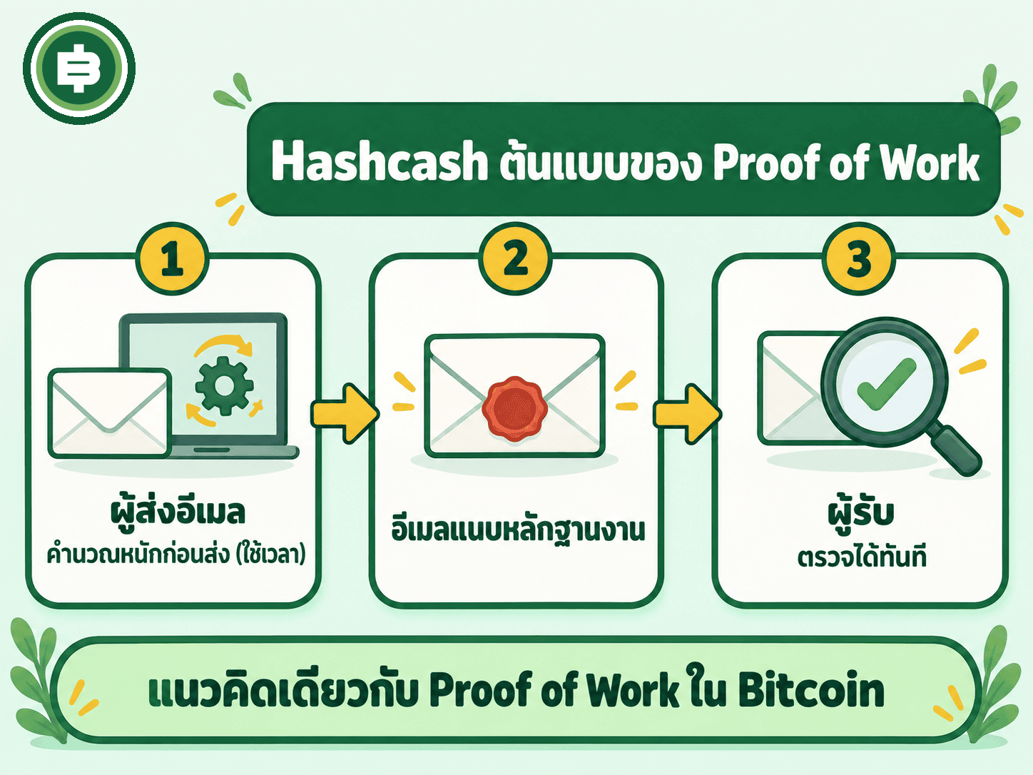 ไดอะแกรมอธิบายว่า Hashcash ทำงานอย่างไร ผู้ส่งต้องทำงานหนักแต่ผู้รับตรวจได้ทันที