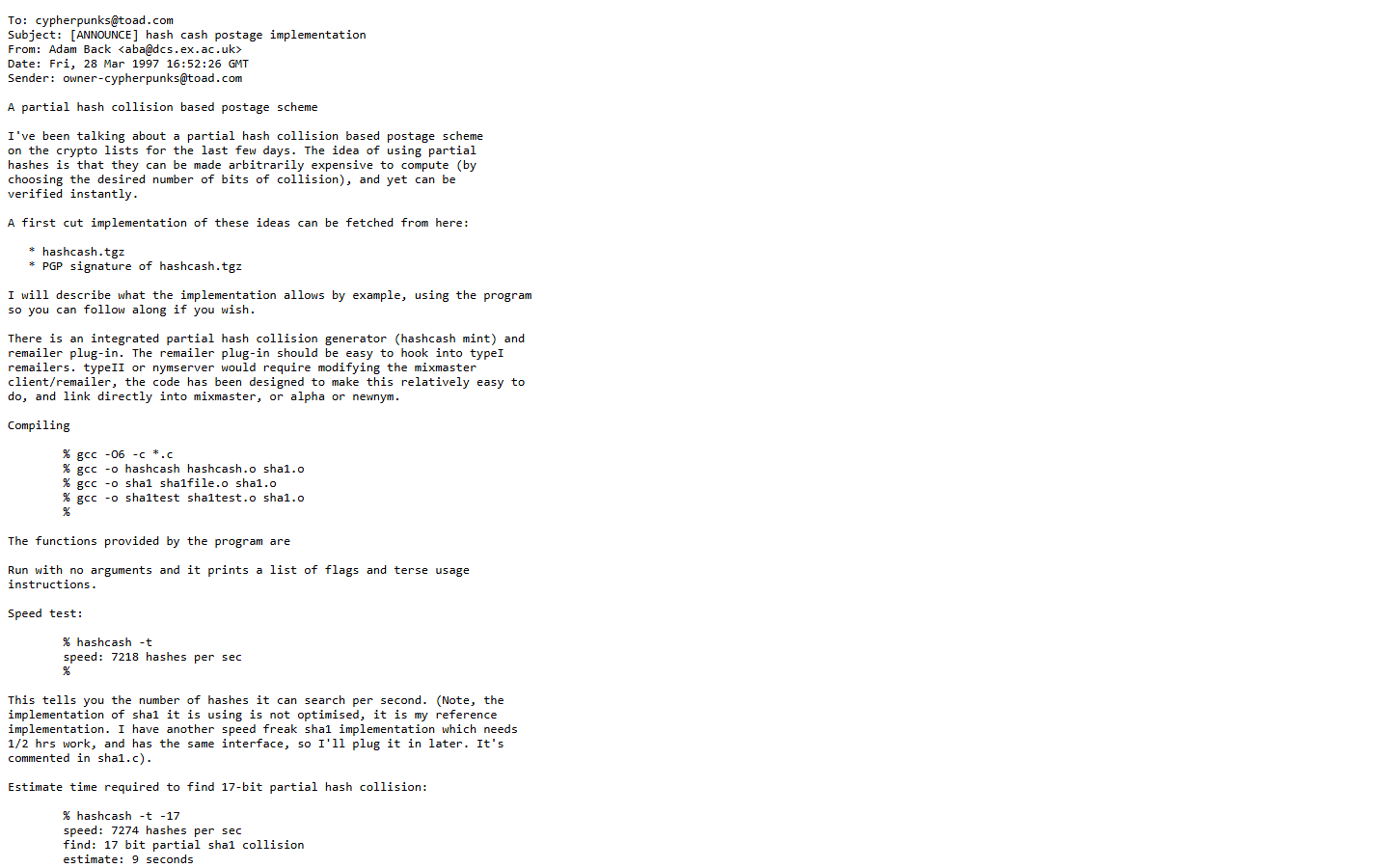 อีเมลประกาศ Hashcash ของ Adam Back ในเมลลิงลิสต์ cypherpunks วันที่ 28 มีนาคม 1997