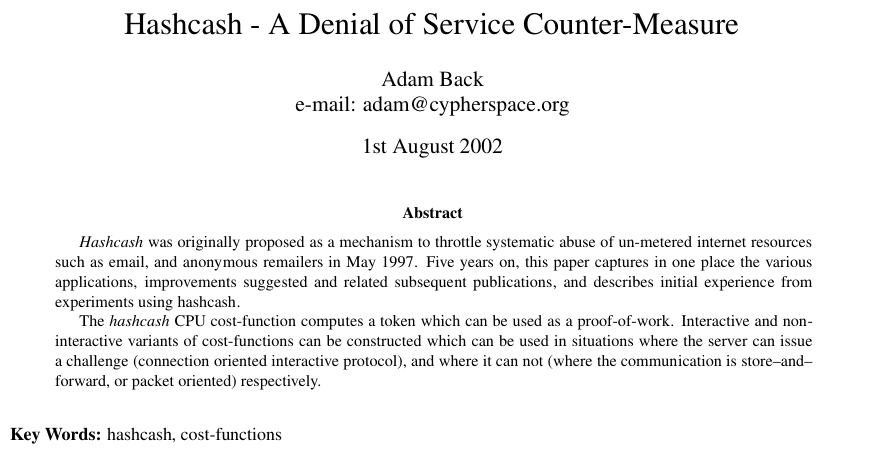 หน้าแรกของ paper Hashcash - A Denial of Service Counter-Measure ปี 2002