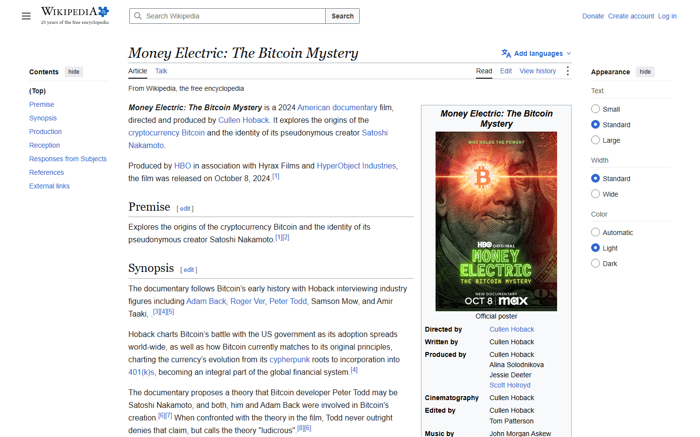 หน้าข้อมูลสารคดี Money Electric: The Bitcoin Mystery ของ HBO ปี 2024